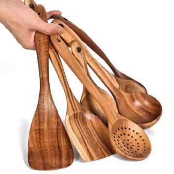 Kitchen Tools Cooking Utensils Reusable Food Grade Cookware Teak Wood Utensil Set for Home