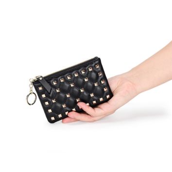 Korean Short Coin Wallet Key Zipper Ladies Wallet Card Bag Rivets Leather Coin Bag