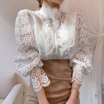 Korean Style Women's White Shirt Vintage Hollow Out Women's Top Casual Sweet Style Lace Long Sleeve Stand Collar Shirt