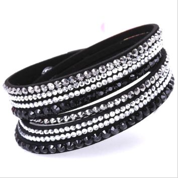 Korean Velvet Jewelry Stud Wrapped Handmade Crystal Rhinestones Paved Fancy Multilayer Pu Leather Bracelet