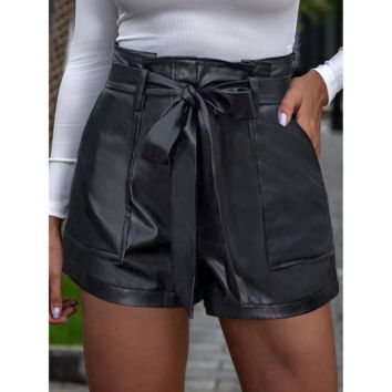 Label Flare Short Pants for Women Casual Cargo Paperbag Waist Belted Slant Pocket Tie Front Waist Faux Leather Pu Shorts