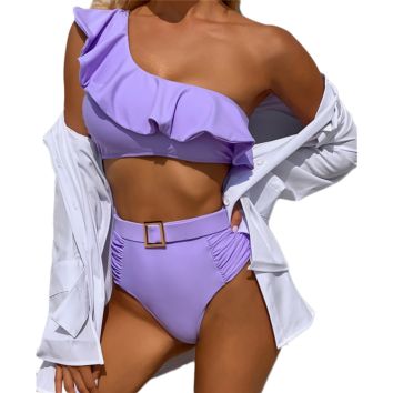 Label Tag Swimwear One Shoulder Bikini Ruffled Swimsuit Beachwear High Waisted Bikini