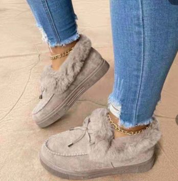 Ladies Casual Fur Shoes Cute Bow Knot Women Plush Loafers Shoes Fluffy Furry Slip-On Sneakers Shoes