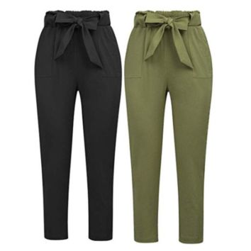 Ladies Chino Fall Solid Color Long Pleated Pencil Belt Woman Pants Casual