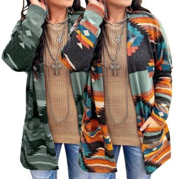 Ladies Clothing Autumn Aztec Print Women Open Front Long Sleeve Knitted Cardigan