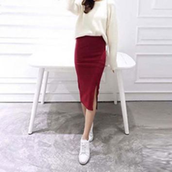 Ladies Knit Pencil Long Skirts Women Chic Wool Rib Package Hip Split Waist Midi Pencil Skirt Maxi