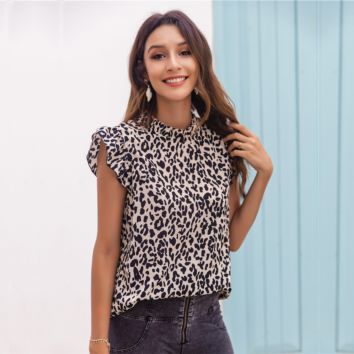Ladies Vintage Chic Leopard Print Top and Blouses Shirts Women Short Sleeve Chiffon Blouse Women Tops Female Blusas