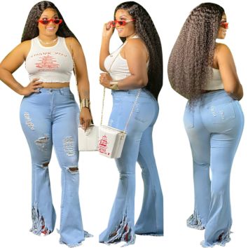 Ladies Women Bell Bottom Flare Denim Jeans Pants with Fringe, plus Size Jeans for Woman