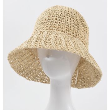 Lady Foldable Hand Crochet Paper Straw Bucket Sun Hat for Beach Daily Resort Holiday Uv Protection