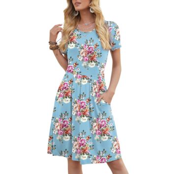 Lady Ruffle Elastic Loose Comfy Swing Sundress Elegant Casual Pocket Floral Print round Collar Short Sleeve Dress