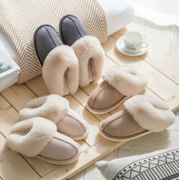 Leather Plush Cotton Slippers Home Autumn and Lovers Warm Thick Wool Men's and Women's Slippers