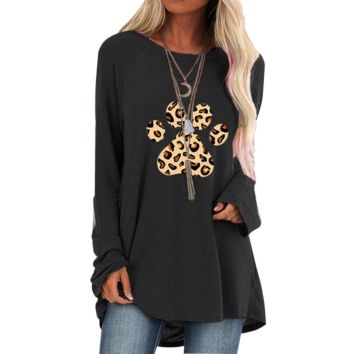 Leopard Cat Paw Print Long Sleeve Loose round Neck T-Shirt Top Women