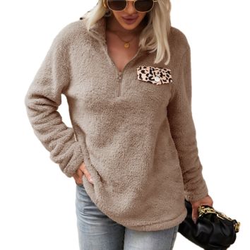 Leopard Pocket Sherpa Fleece Fabric Hoodie Sherpa Fleece Jacket