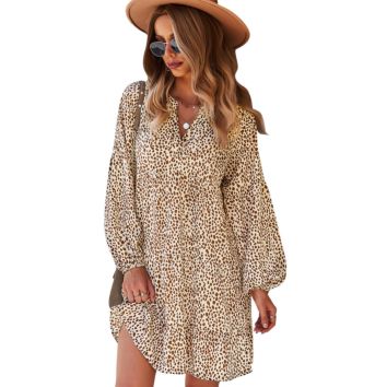 Leopard Print Long Sleeve Loose Dress for Women Casual