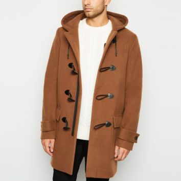 Light Brown Men Long Hooded Duffle Wool Coat