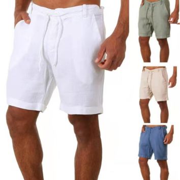 Linen Shorts Men Drawstring Casual Bermuda Shorts Colorful Plain Shorts for Men