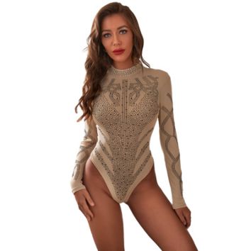 Lingerie Women High-Neck Long-Sleeved Transparent Tight-Fitting One-Piece Pajamas Lingeries