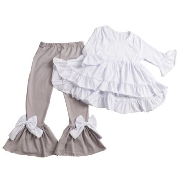 Little Girl Fall Clothes Pure White Cotton Hi Low Ruffles Shirts with Grey Bell Bottoms Girl Boutique Baby Clothes