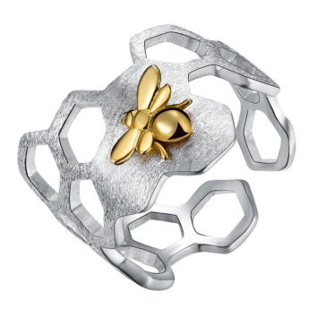 Lotus Fun Designer Value Pure 925 Sterling Silver Ring Honeycomb Gold Bee Open Ring for Women Handmade Jewelry