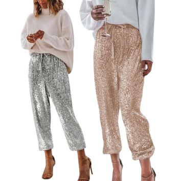 Made Gold Silver Sequin Women Loose Pants with Drawstring