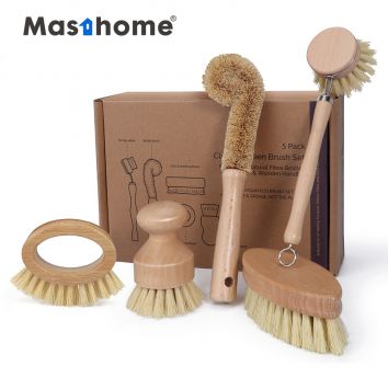 Masthome Eco-Friendly 5Pcs Kitchen Brush Set All Natural Fibre Wooden Floor Vegetable Dish Bottle Pot Brush Sisal Cleaning Brush