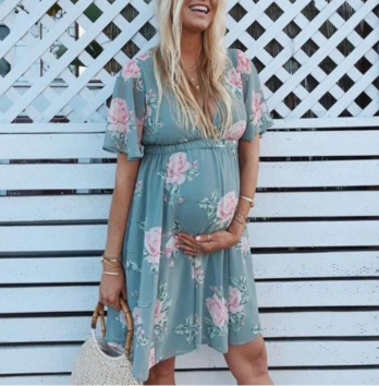 Maternity Dresses V-Neck Print Dress Short Sleeve Knee Length for Pregnant Women Maternity Clothing Breastfeeding