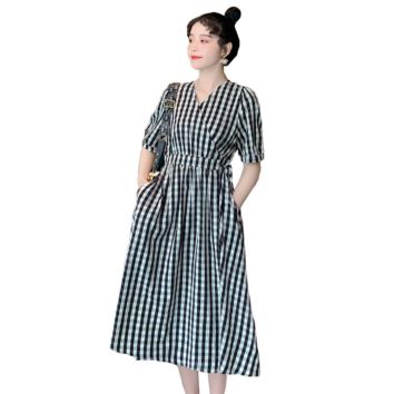 Maternity Short Sleeve Dress Korean Loose Mid Length Plaid Dress