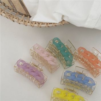 Matte Resin Candy Color Rectangle Hair Claw Clips Women Plastic Shark Grasp Clamp with Chain for Thick Hair Girls