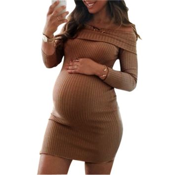 Md2006 Spring Long Sleeve Off-Shoulder Ribbed Maternity Dresses Pregnant Clothes Women Maternity Clothing Dress
