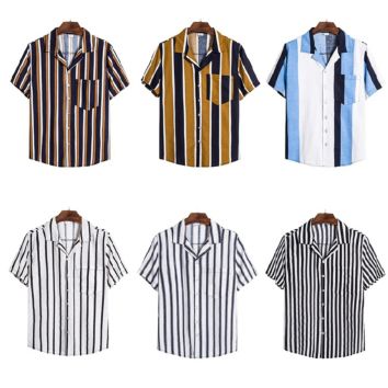 Men Striped Shirt Casual Lapel Neck Short Sleeve Button Shirt Chic Loose Blouse