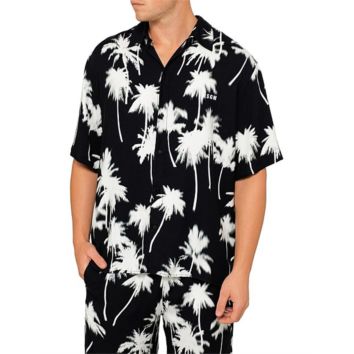 Mens 100% Viscose Palm Tree Black Hawaiian Shirt Short Sleeves