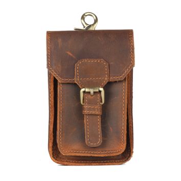 Mens Crazy Horse Leather Cell Phone Bag Waist Bag Outdoor Sports Head Layer Cowhide Vertical Section Pants Waist Hanging Bag