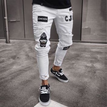 Men's Distressed Denim Pants Jeans Slim Fit Ripped Holes Pantalon Jeans Homme Pas Cher Broken Skinny Jeans for Men