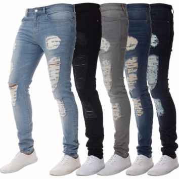 Men's Holes Skinny Slim Fit Black Stretch Destroyed Ripped Skinny Denim Jeans