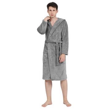 Mens Hooded Long Bath Robe Warm Plush Lightweight Robe Hotel Spa Robe for Men