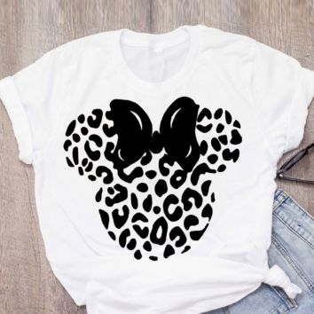 Mickey Cartoon Leopard Bow Short Sleeve Print Graphic T-Shirt Women's T-Shirt