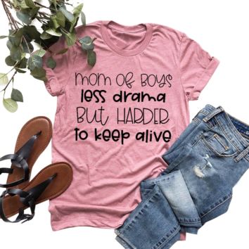 Mom of Boys Less Drama Print Women Shirts Short Sleeve Casual T Shirts and Tops Casual Ladies Shirts