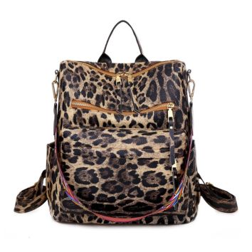 Monogrammed Wide Strap Backpack Leopard Pu Leather Backpack for Women