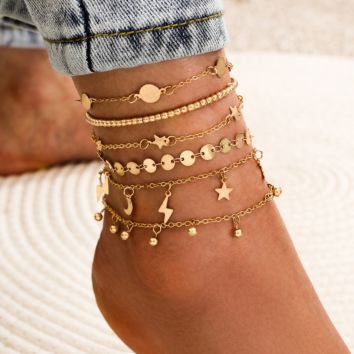 Multi Layers Lightning Star Moon Chain Feet Anklet Set Beach 6Pcs/Set Gold Plated round Beads Bracelet Anklet Set