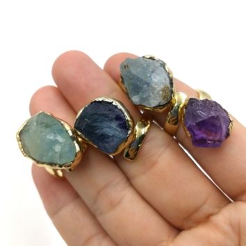 Natural Amethyst Raw Quartz Ring Gemstone Crystal Gold Plated Rings Beautiful Rainbow Colorful Fluorite Ring Adjustable