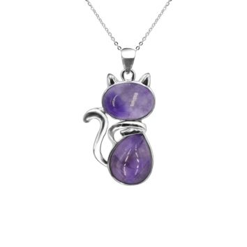 Natural Gemstone Amethyst Cat Shape Pendant Choker Animal Jewelry Silver Chain Purple Crystal Kitty Charm Necklace