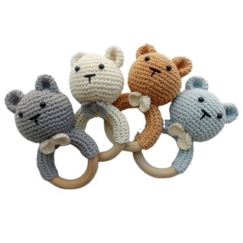 Natural Wooden Baby Ring Toys Crochet Infant Teething Handmade Animal Bear Rattle
