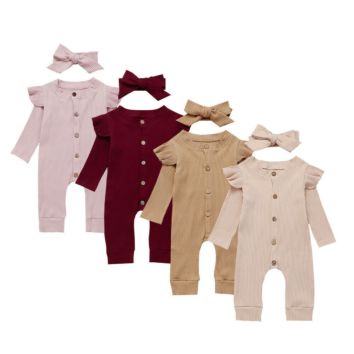 Newborn Baby Girl Clothes Romper Ruffle Long Sleeve Jumpsuit Bodysuit Cute Boys Girls Onesie Infant One Piece Headband Outfits