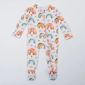 Newborn Boy Girl Print Rainbow Zipper up Bamboo Cotton Footie Baby Romper