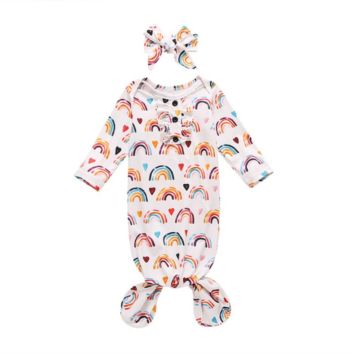 Newborn Infant Pijamas Toddler Boy Girl Print Rainbow Button up Ribbed Cotton Tie Knotted Baby Sleeping Gown with Headband