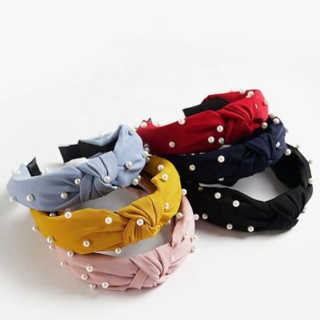 Newest Design Daily Chiffon Pearls Lady Hair Band Multicolor Knotted Girl Soft Headband