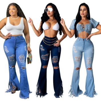 Ns040 Arrivals Fringe Jeans for Women High Waist Denim Fabricas Flare Ripped Jeans