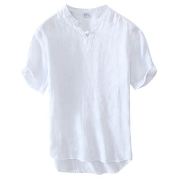 O-Neck Short Sleeve Boys Button up down Mens Dress Plain Free Size Solid Men's Shirts in All White Linen Shirt