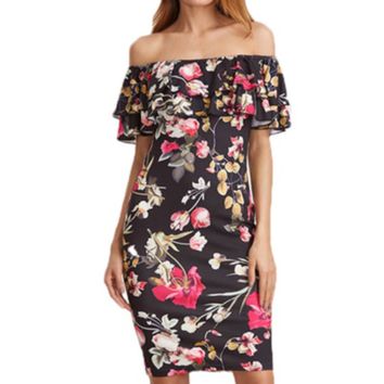 One Line Shoulder Bag Hip Print Flower Dress Dress off the Shoulder Skirt Women's Floral Off-Shoulder Dress