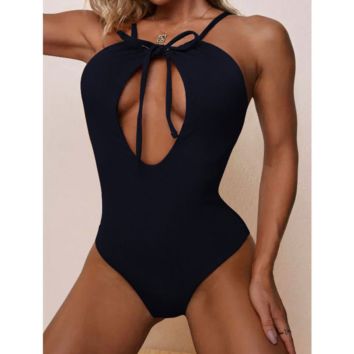 One Piece Swimwear Solid Color Swimsuits Front Cut Out Bikini High Elasticity Fabric Tight Swimming Suits